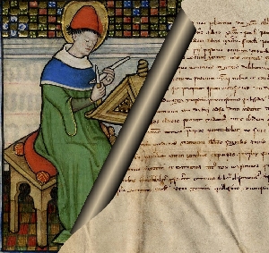 monk scribe writing on parchment